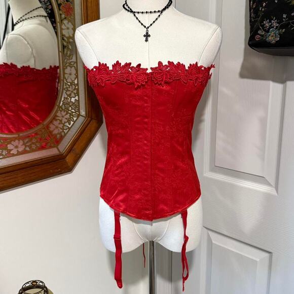 Crepe Suzette Foundations Red Floral Embroidered Satin Boned Lace Up Corset 34 - Picture 1 of 8